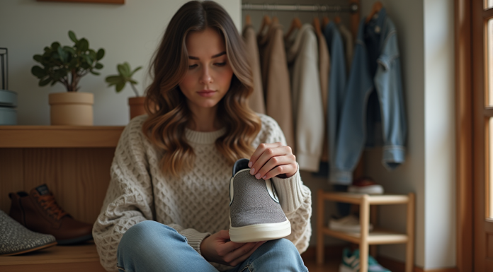 Jeune femme examine une chaussure dans un intérieur cosy