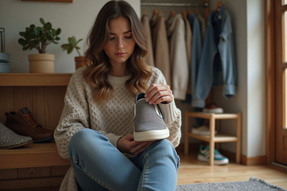 Jeune femme examine une chaussure dans un intérieur cosy