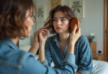 Mauvaise coupe de cheveux: comment la rattraper facilement ? Jeune femme coiffant sa coupe de cheveux avec un miroir