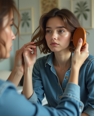 Jeune femme coiffant sa coupe de cheveux avec un miroir