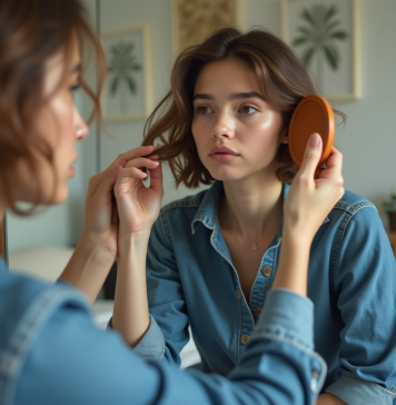 Jeune femme coiffant sa coupe de cheveux avec un miroir