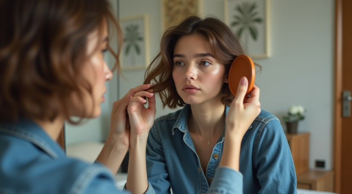 Jeune femme coiffant sa coupe de cheveux avec un miroir
