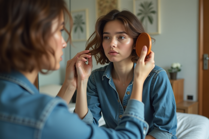 jeune-femme-coiffure-demode Jeune femme coiffant sa coupe de cheveux avec un miroir