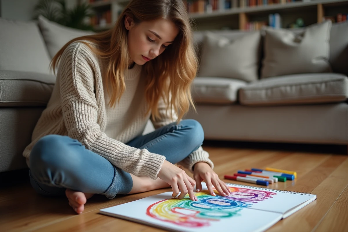 Jeune femme arrangeant des marqueurs colorés sur un carnet