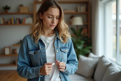 Jeune femme en denim retire un security tag de son t-shirt