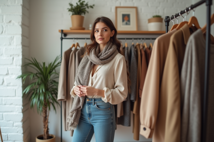 Jeune femme stylée choisissant une tenue dans une boutique