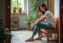 Jeune femme nettoyant ses sandales beige dans son entrée