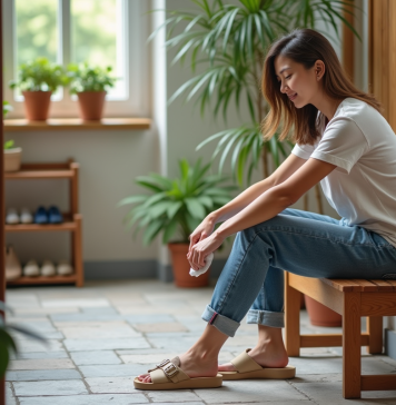 Birkenstock : comment éviter l’odeur désagréable des sandales ? Jeune femme nettoyant ses sandales beige dans son entrée