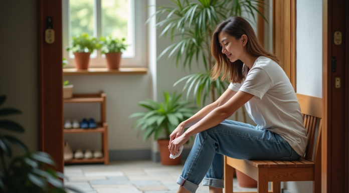 Jeune femme nettoyant ses sandales beige dans son entrée