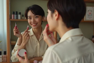 Jeune femme appliquant du rouge à lèvres dans un miroir