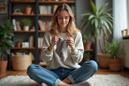 Jeune femme examine des chaussettes dans un salon chaleureux