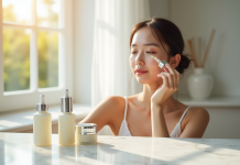 Jeune femme appliquant un serum visage avec un compte-gouttes