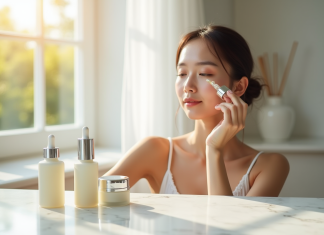Routine de soin coréenne : comment l’adopter pour une peau parfaite ? Jeune femme appliquant un serum visage avec un compte-gouttes