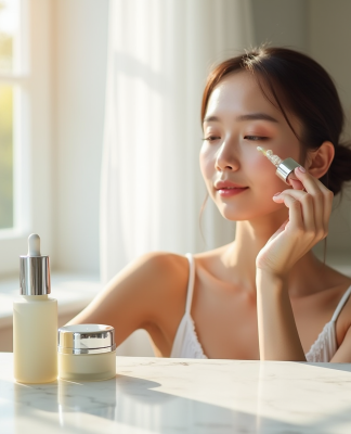 Jeune femme appliquant un serum visage avec un compte-gouttes