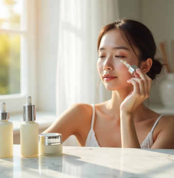Jeune femme appliquant un serum visage avec un compte-gouttes