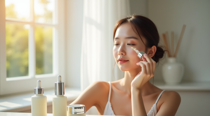 Jeune femme appliquant un serum visage avec un compte-gouttes