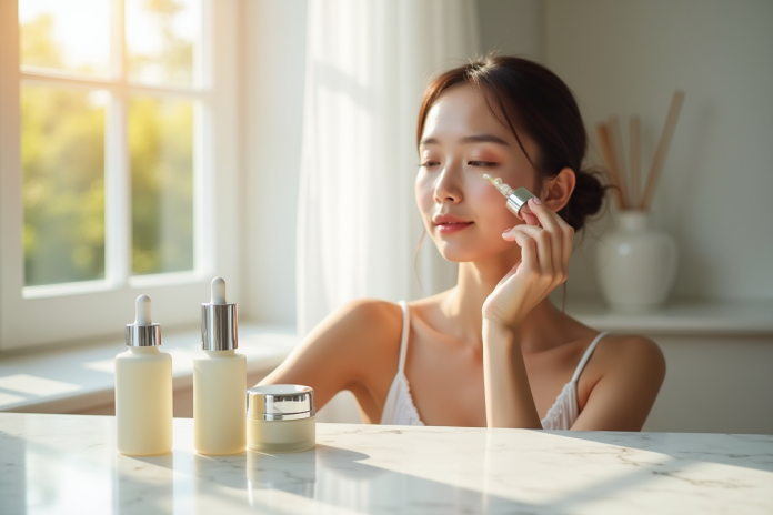 Jeune femme appliquant un serum visage avec un compte-gouttes