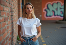Femme en jeans 90s contre un mur de briques en ville