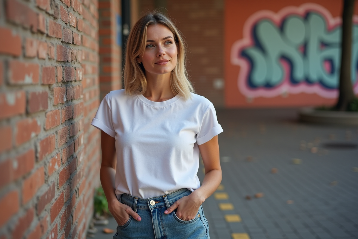 Femme en jeans 90s contre un mur de briques en ville
