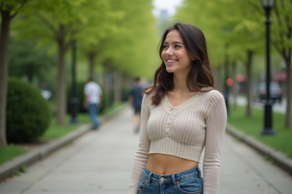 Jeune femme souriante dans un parc urbain en ville