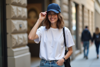 Jeune femme urbaine en t-shirt blanc et casquette ajustant le brim