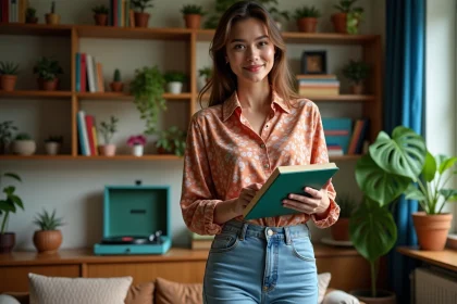 Jeune femme vintage arrangeant des livres dans un salon cozy