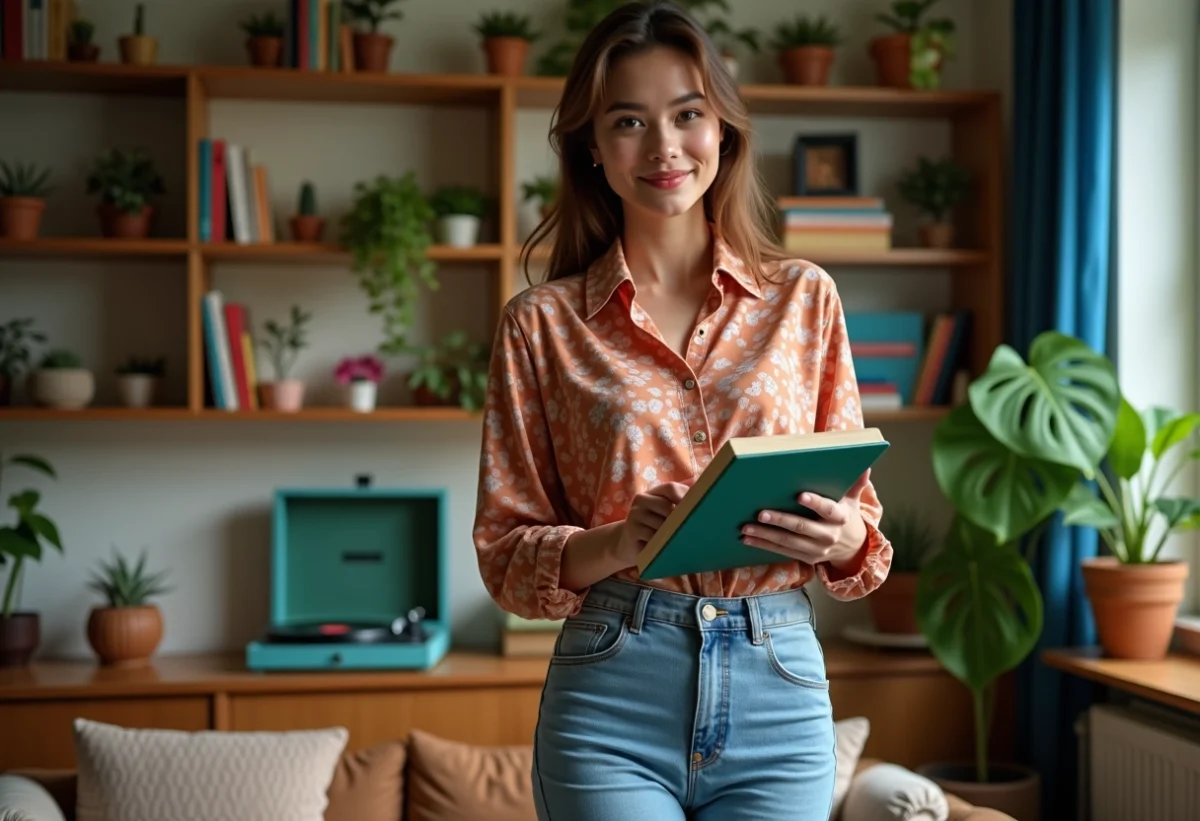 Jeune femme vintage arrangeant des livres dans un salon cozy