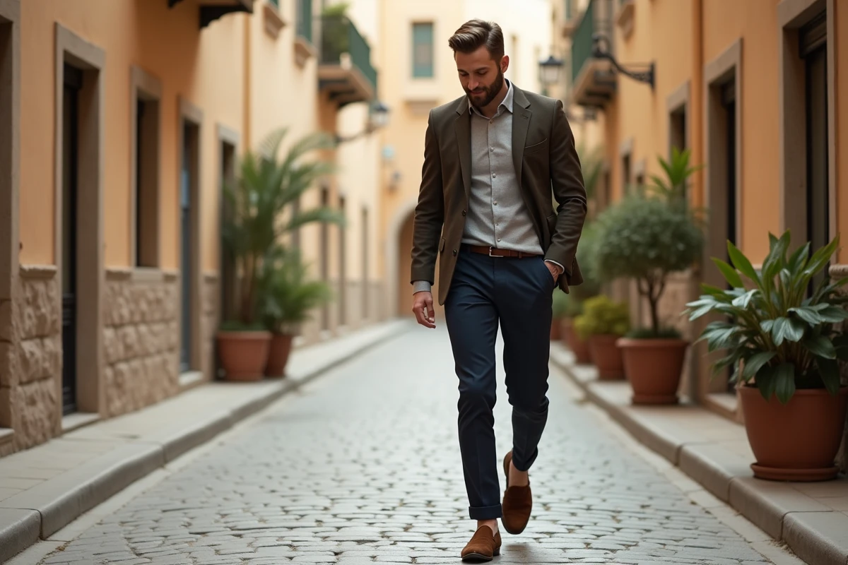 Jeune homme marche avec babouches en ville historique