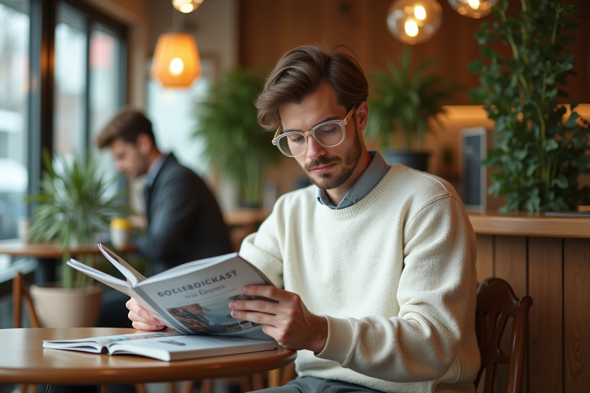 Jeune homme lisant un magazine de mode au café