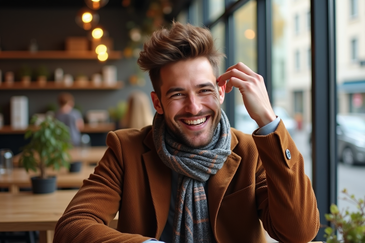 Jeune homme souriant dans un café avec veste en velours