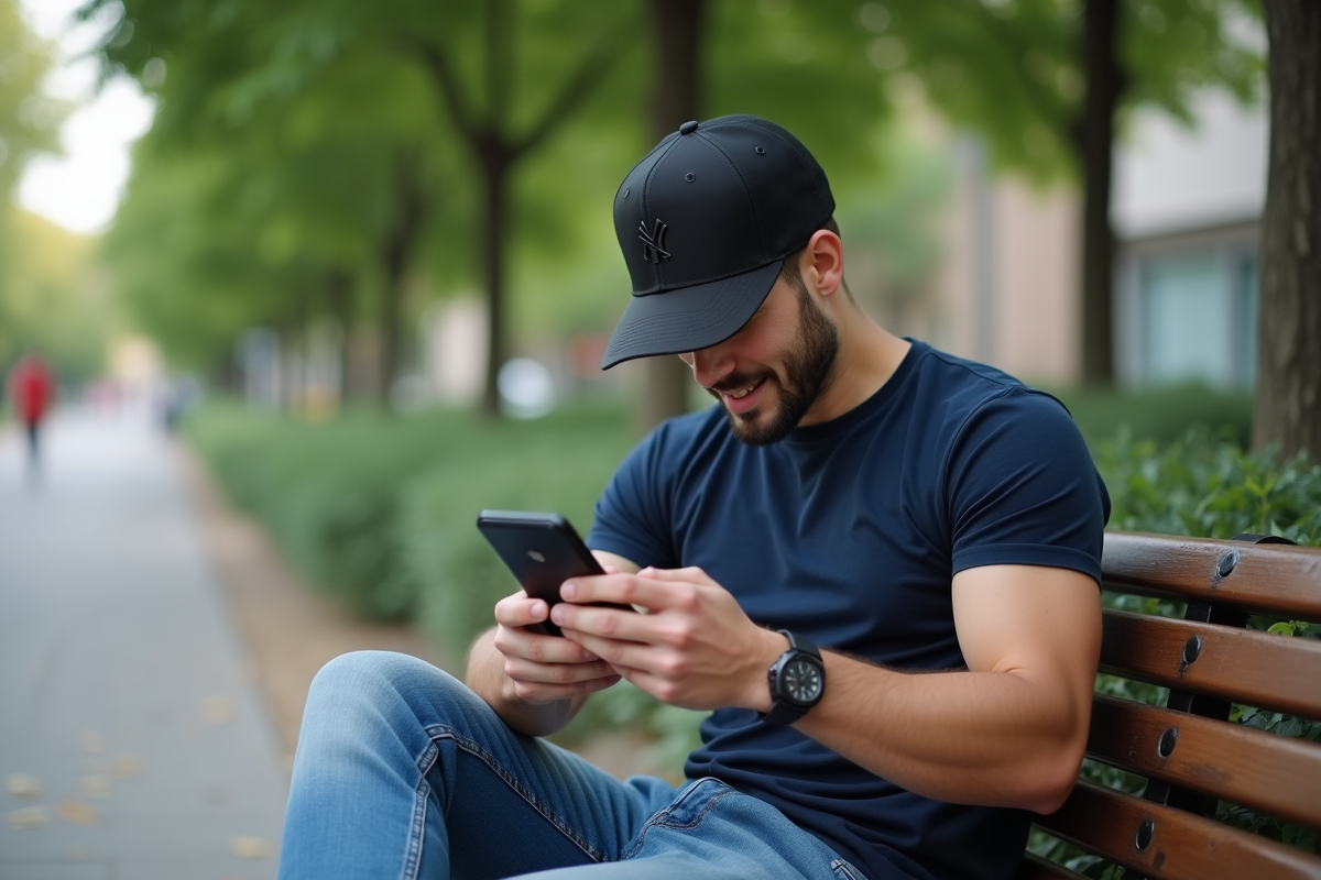 Jeune homme essayant un snapback noir sur un banc de parc