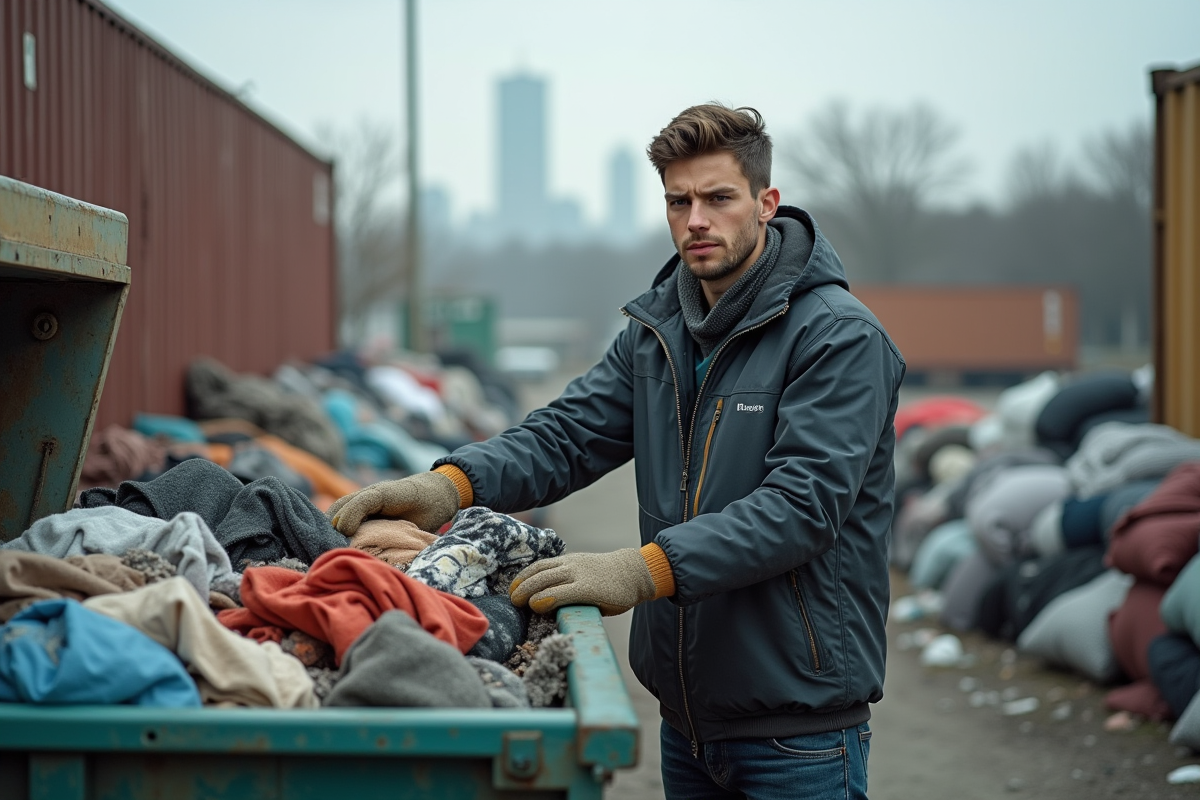 Jeune homme chargeant des textiles dans une machine de compactage