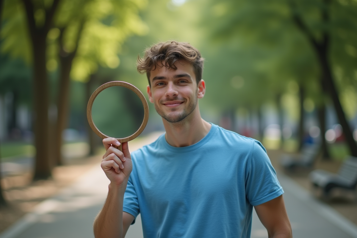 Jeune homme avec miroir dans un parc urbain en plein air