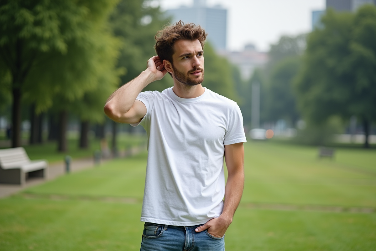 Jeune homme en t-shirt blanc dans un parc urbain