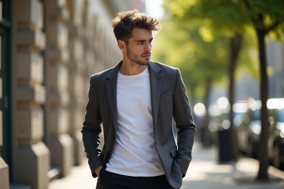 Jeune homme en blazer en ville lors d