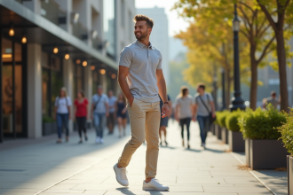 Jeune homme élégant marchant dans une ville moderne