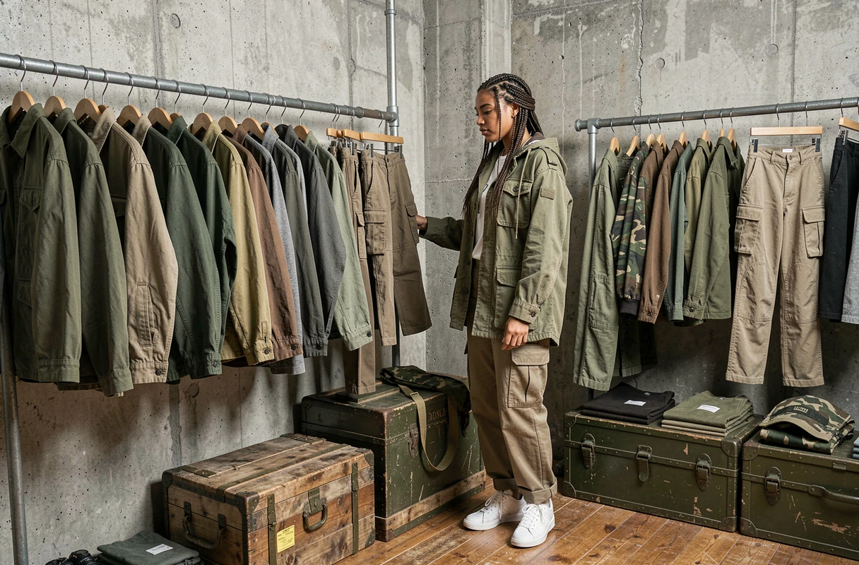 Intérieur de la boutique Kaki Crazy Station avec vêtements militaires et style cargo, cliente qui browse les rayons