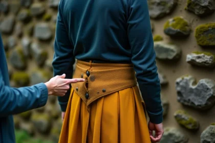 Homme portant un kilt irlandais jaune safran avec des plis mal formés, erreur fréquente chez les débutants