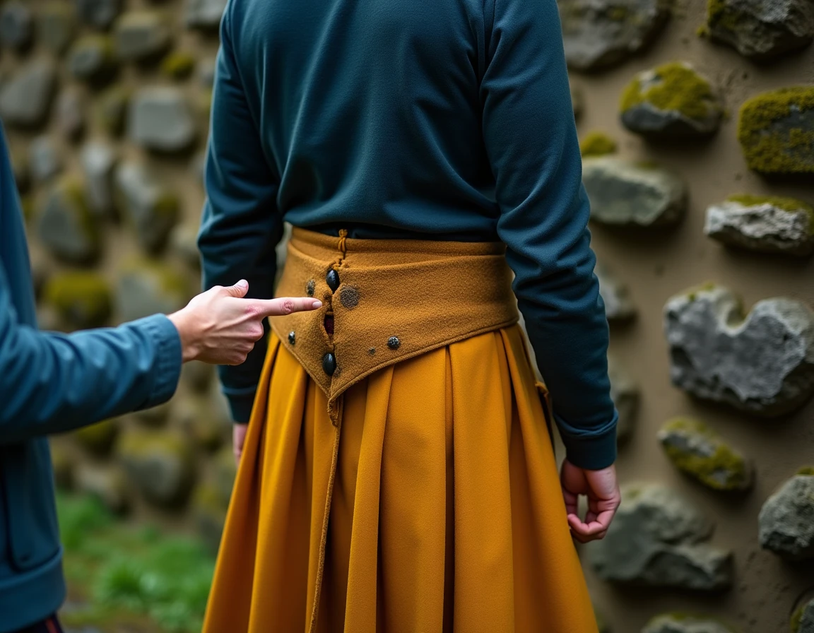 Homme portant un kilt irlandais jaune safran avec des plis mal formés, erreur fréquente chez les débutants