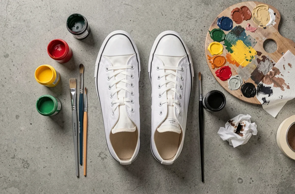 Vue de dessus d'un kit de personnalisation de sneakers avec peintures, pinceaux et baskets blanches sur béton