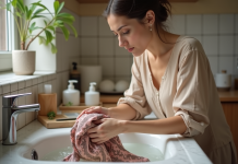Femme lavant délicatement une écharpe en soie dans un lavabo blanc