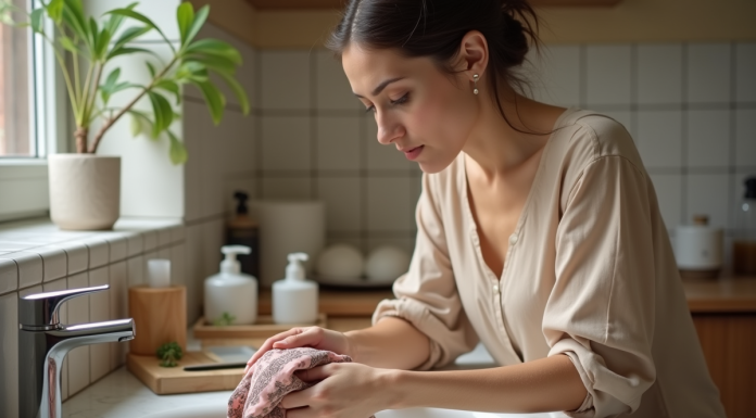 Femme lavant délicatement une écharpe en soie dans un lavabo blanc