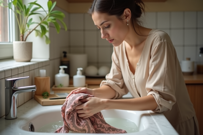 Femme lavant délicatement une écharpe en soie dans un lavabo blanc