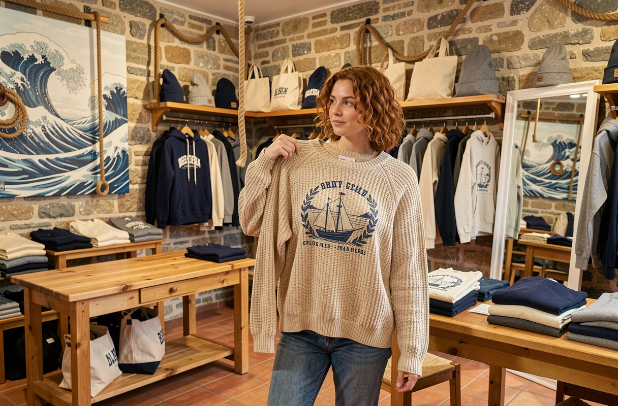 Cliente dans la boutique Le Bruit des Vagues tenant un sweat graphique, décor maritime breton authentique