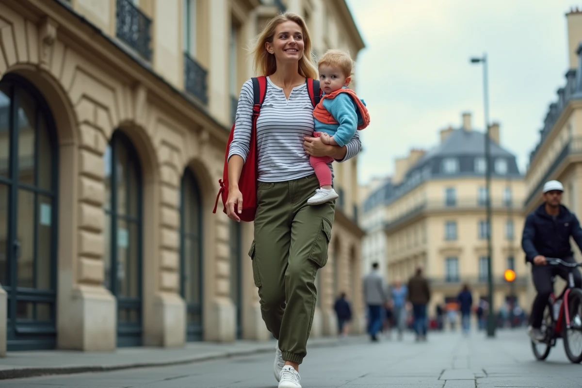Maman dynamique marchant en ville avec un sac à dos fonctionnel, illustrant l'organisation du quotidien en famille