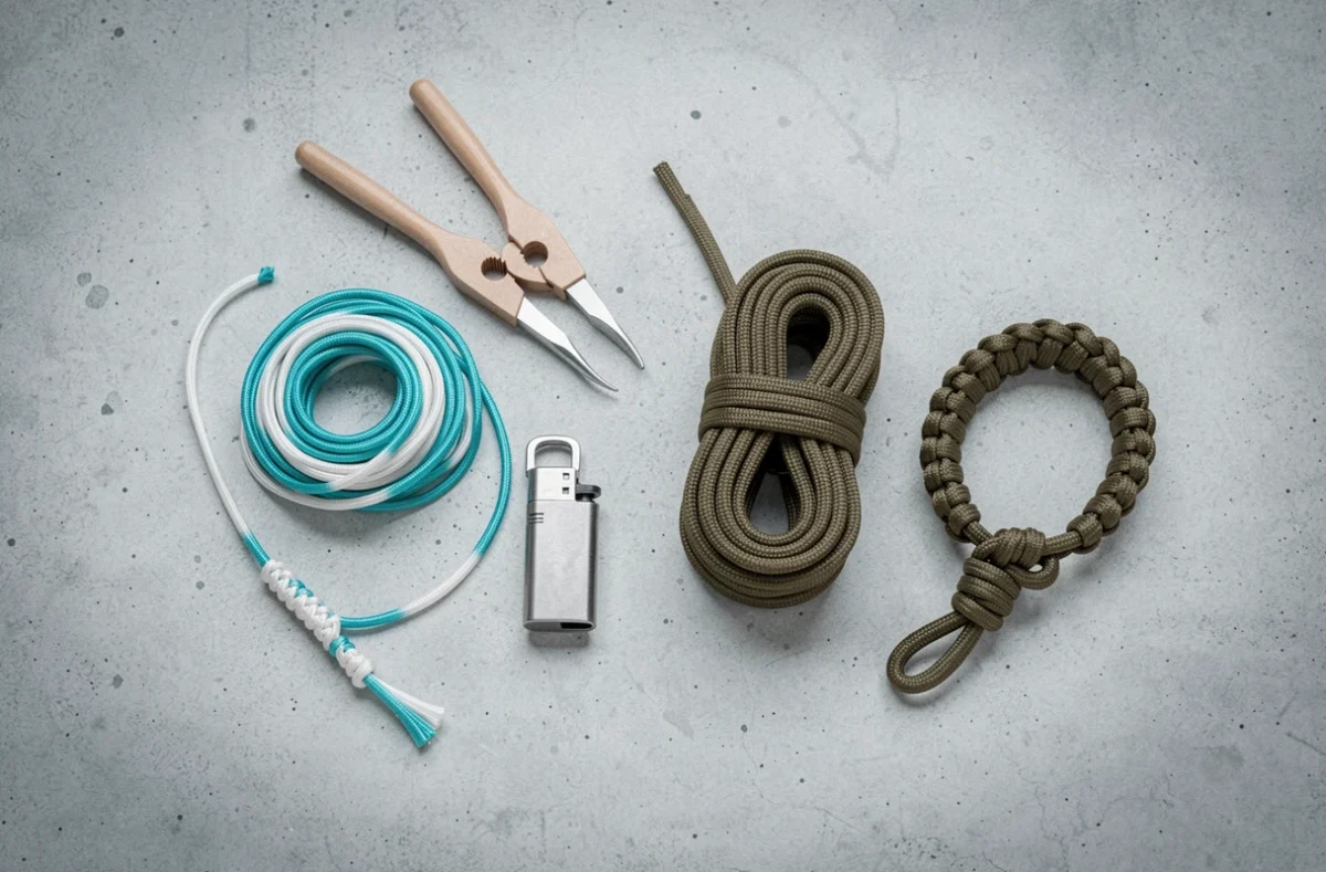 Matériaux et outils pour fabriquer des bracelets en cordelette et en paracorde disposés sur béton