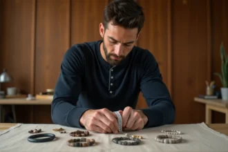 Homme mesurant son poignet avec un mètre ruban pour choisir la bonne taille de bracelet en pierre naturelle