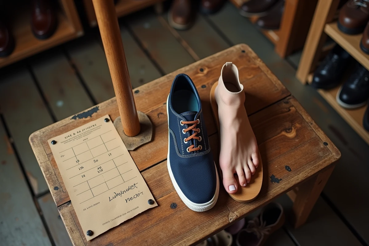 Gros plan sur une planche de mesure de pointure avec un guide de conversion taille chaussure UK EU US manuscrit