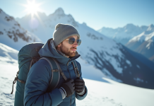 Personne en montagne enneigee ajustant son sac a dos avec gants techniques