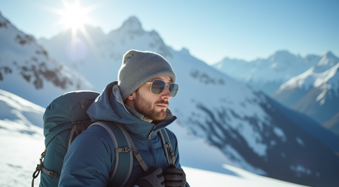 Personne en montagne enneigee ajustant son sac a dos avec gants techniques
